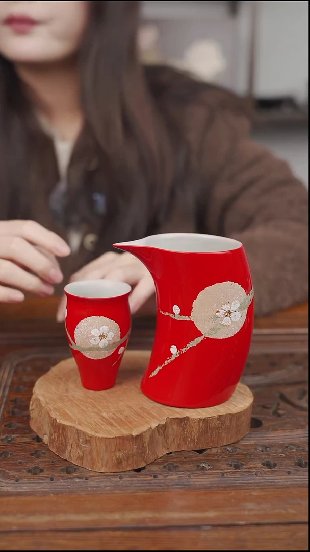 漆器蛋壳十里红梅花公道杯