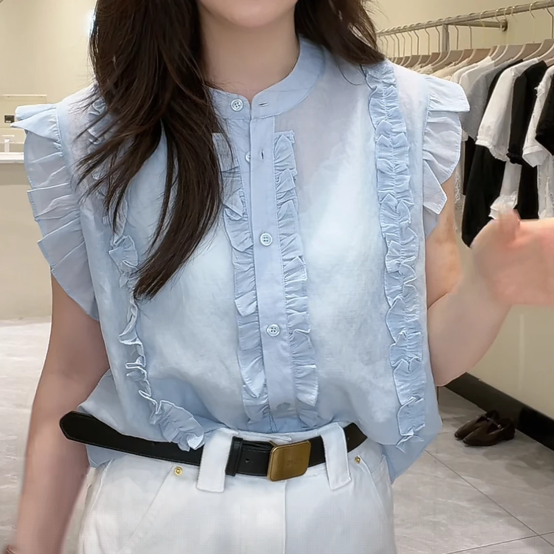 木耳边单排扣减龄小衫韩版时尚2025夏季 15651