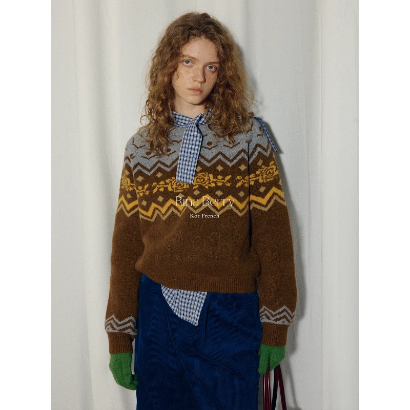 费尔岛圆领宽松显瘦毛衣秋季通勤氛围感毛针织衫