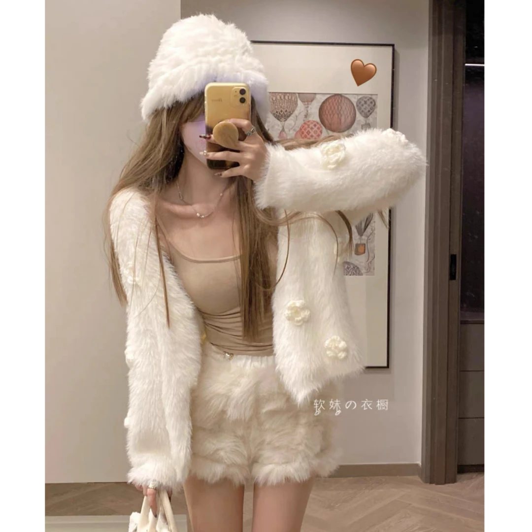 1582水貂绒手工立体花朵毛衣女宽松纯色小香风上衣针织开衫外套