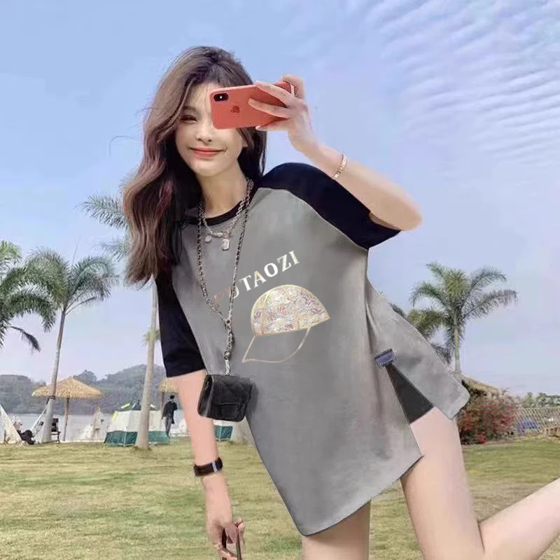 撞色纯棉正肩短袖t恤女夏季新款大码胖mm宽松慵懒风半袖插肩上衣