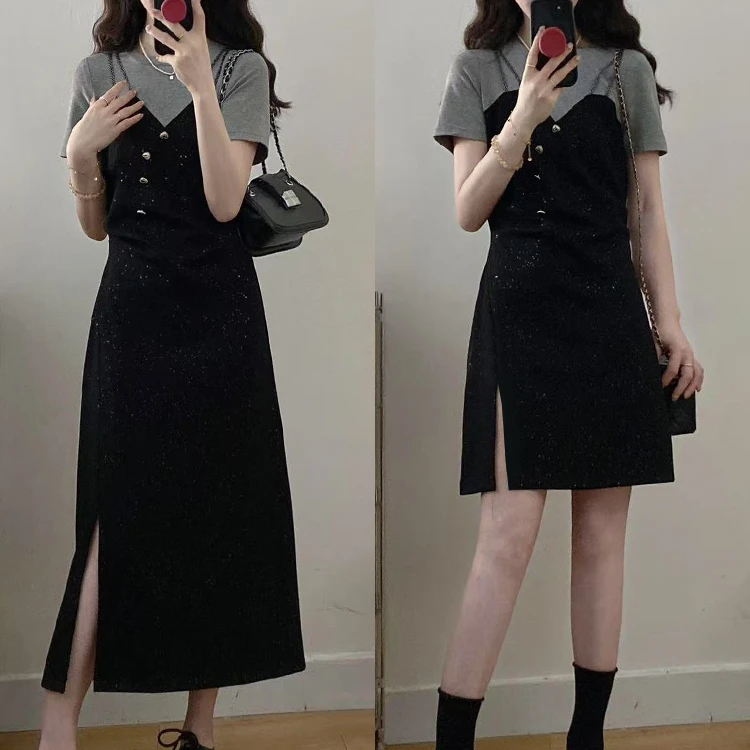 2025夏季新款大码女装胖mm假两件拼接气质收腰显瘦法式连衣裙