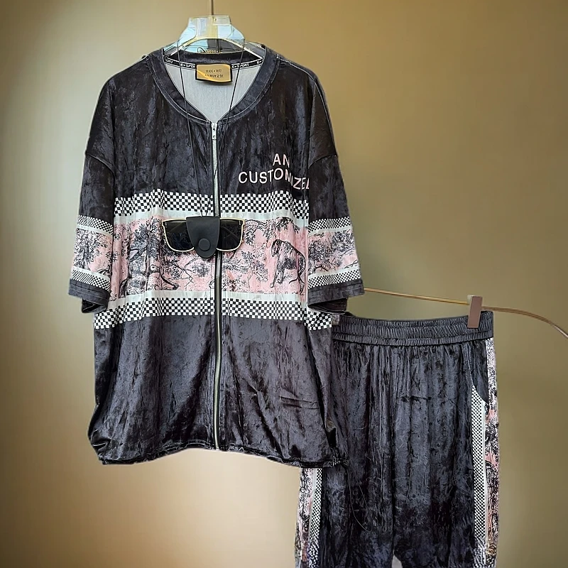 冰感钻石丝绒高端韩版休闲显瘦百搭宽松中长款时尚小格套装2730