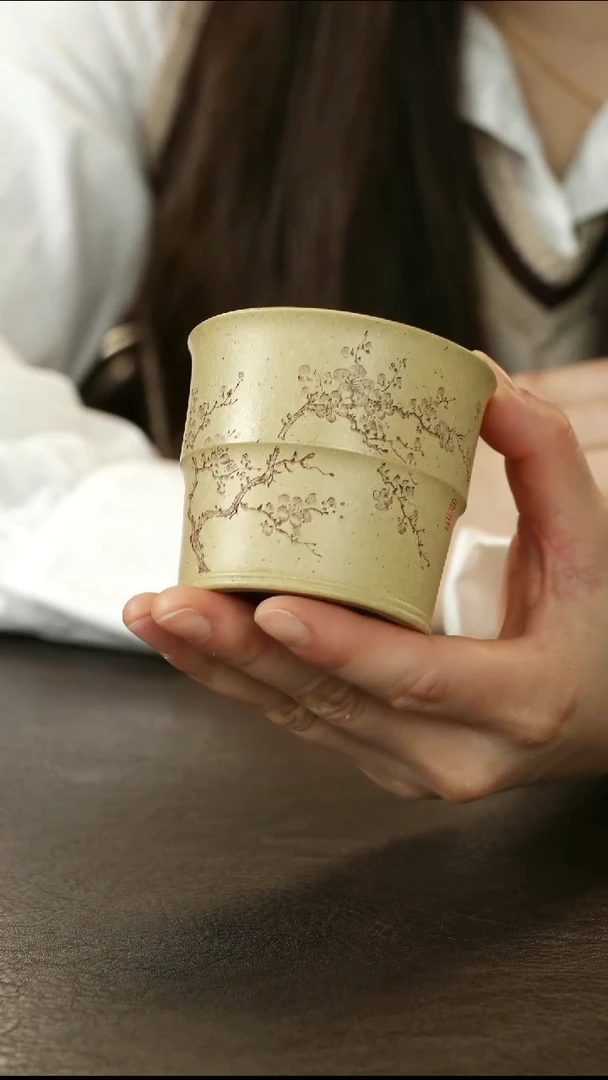 茶杯紫砂蒋文琴本山绿竹节杯刻梅花