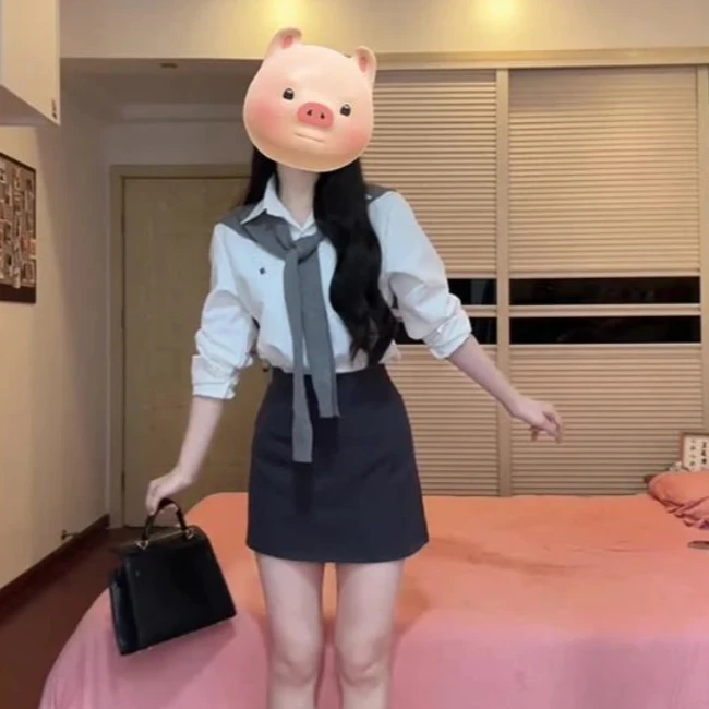 2025秋季新款女韩系穿搭翻领衬衫上衣修身针织披肩高腰显瘦半身裙