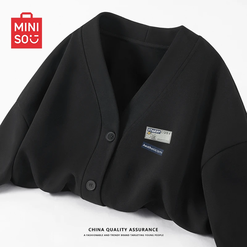 名创优品黑色开衫外套女秋季新款宽松V领卫衣小个子女生洋气上衣