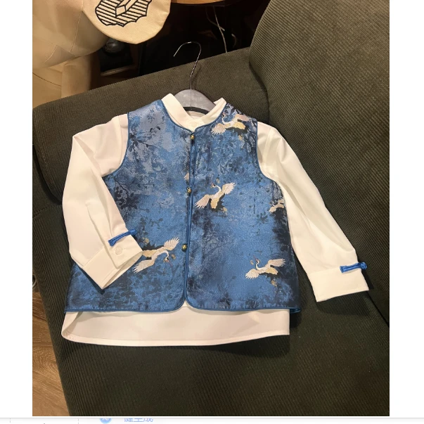 【琨萱】“鹤与”2025男童春秋新中式马甲衬衫两件套 SS67S007