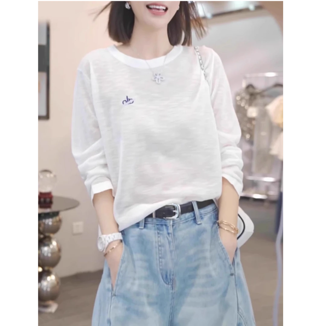 高级感白色长袖t恤女士夏季2025新款薄款冰丝空调上衣防晒衣罩衫