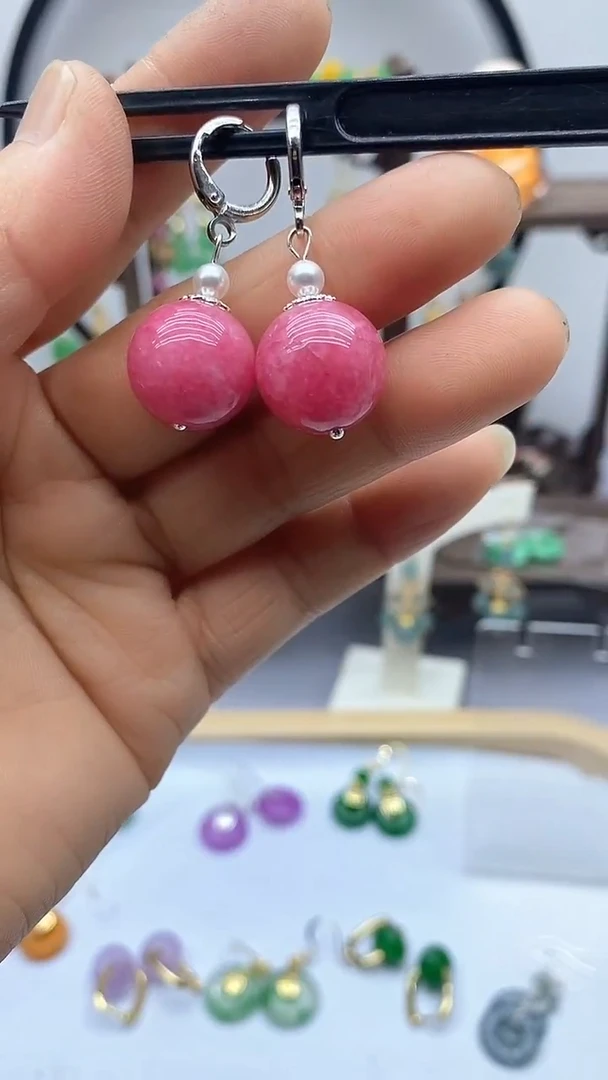 菱锰矿（红纹石）银S925镶嵌耳饰175