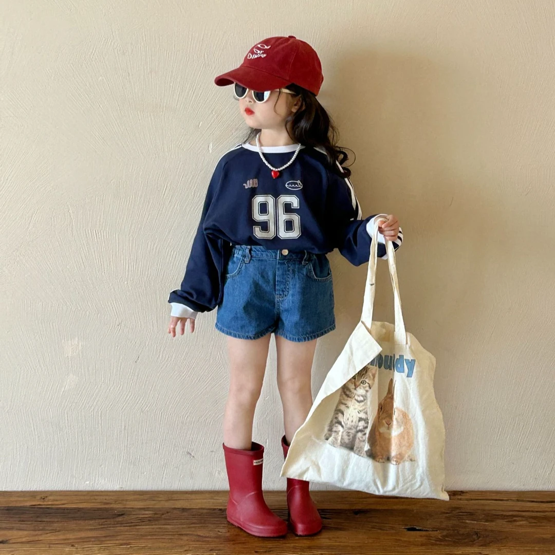 男女拼接服装新款字母打底衫女童小女孩休闲牛仔新款春秋洋气