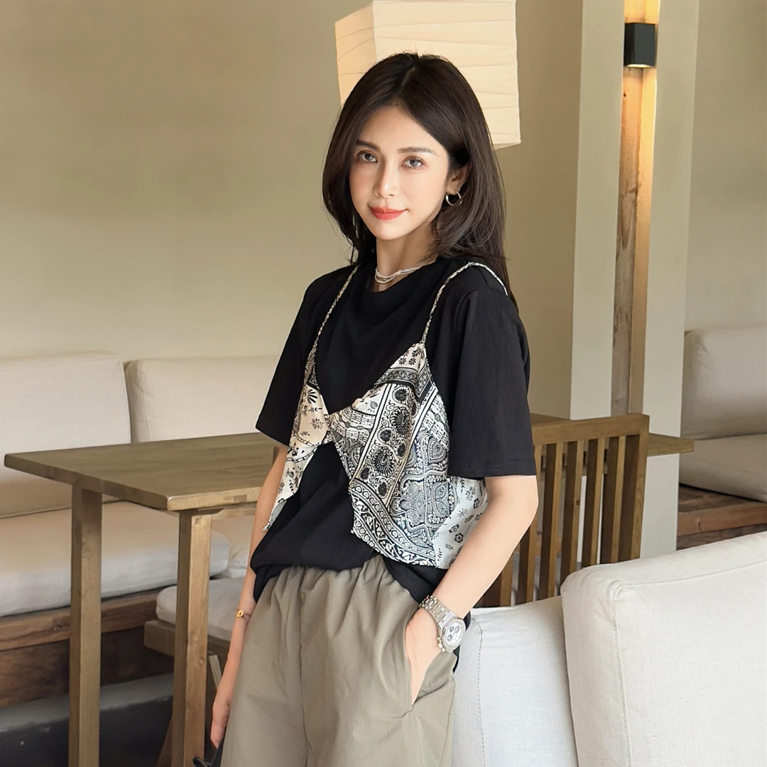 LYXZ x大小与【半夏】夏季新款复古印花假两件短袖上衣79137