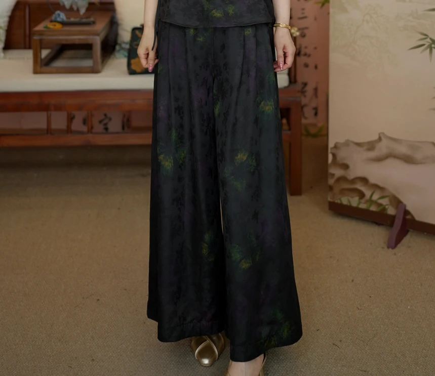 100桑蚕丝香云纱重锻提花休闲裤裙裤(25018-1黑色)