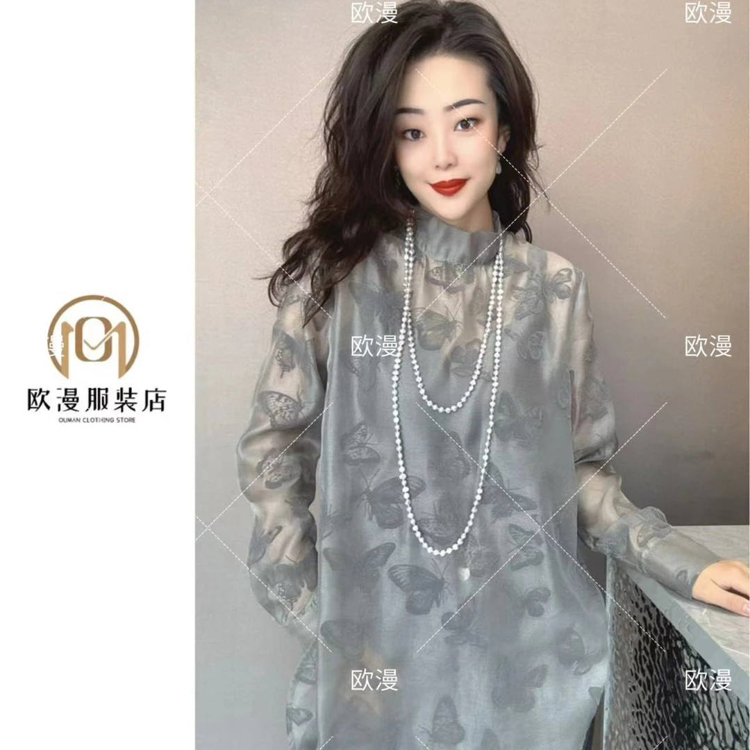 欧漫家【蝶恋】定制欧根缎植绒灰/杏/黑三色立领上衣