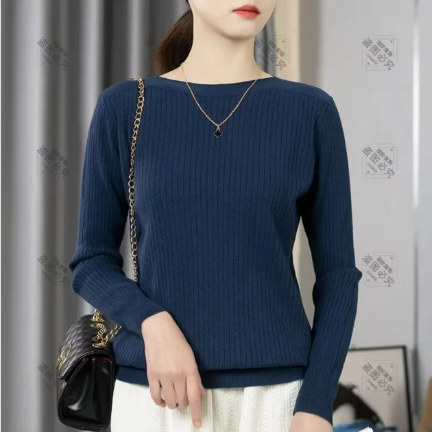 秋冬新款网红一字领女士长袖针织衫显瘦百搭时尚纯色套头打底毛衣