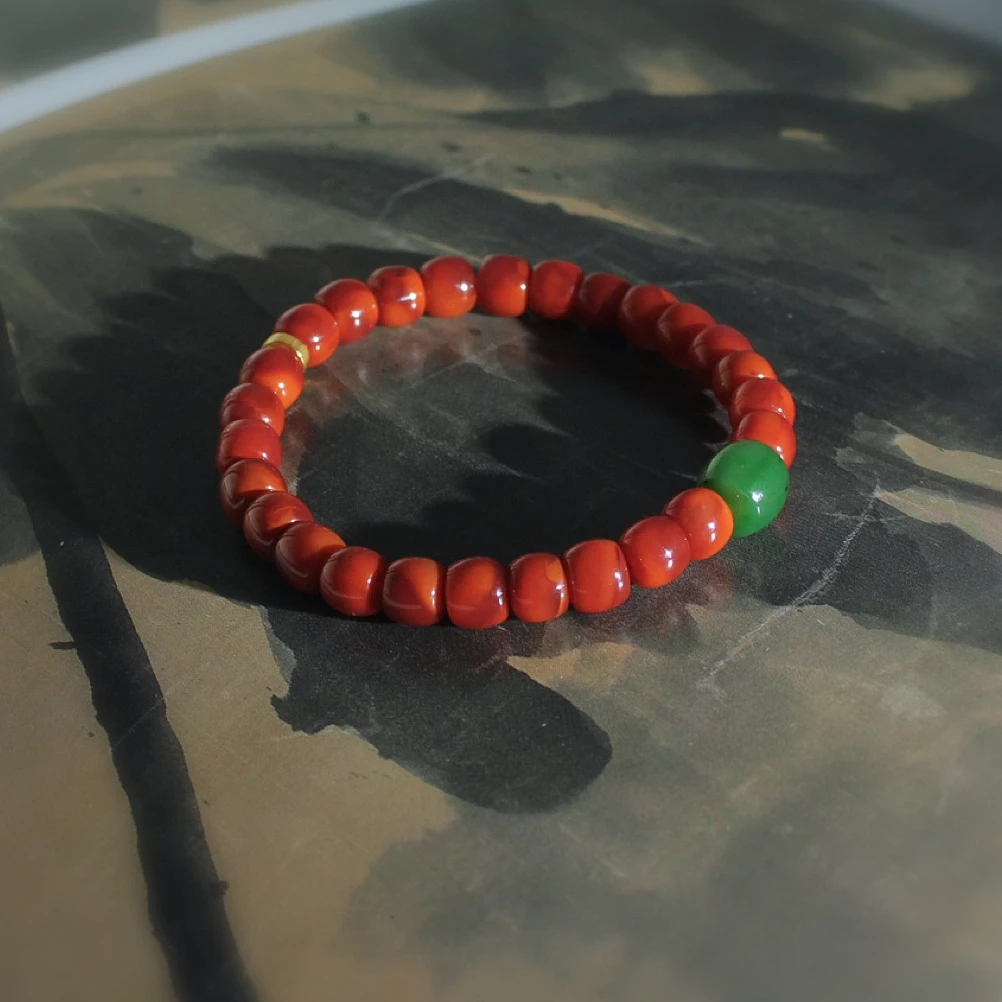 【岚溪珠宝】——原矿南红，锦玫双色，老型珠，岁末将至，南红季。。。7x8mm