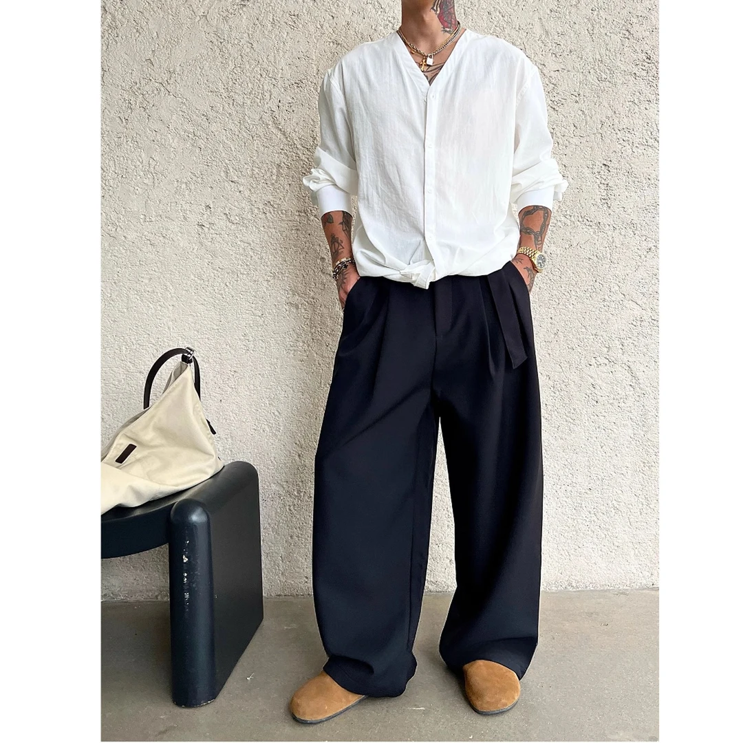 300斤加大码潮流纯色老钱风弯刀裤男士早秋宽松垂感时尚百搭西裤2