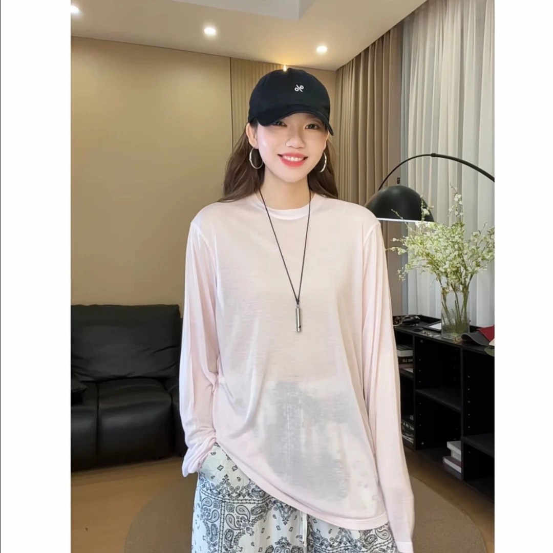 【胡洛一】慵懒松弛感罩衫天 丝上衣韩系薄款中长款长袖t恤衫-CK190