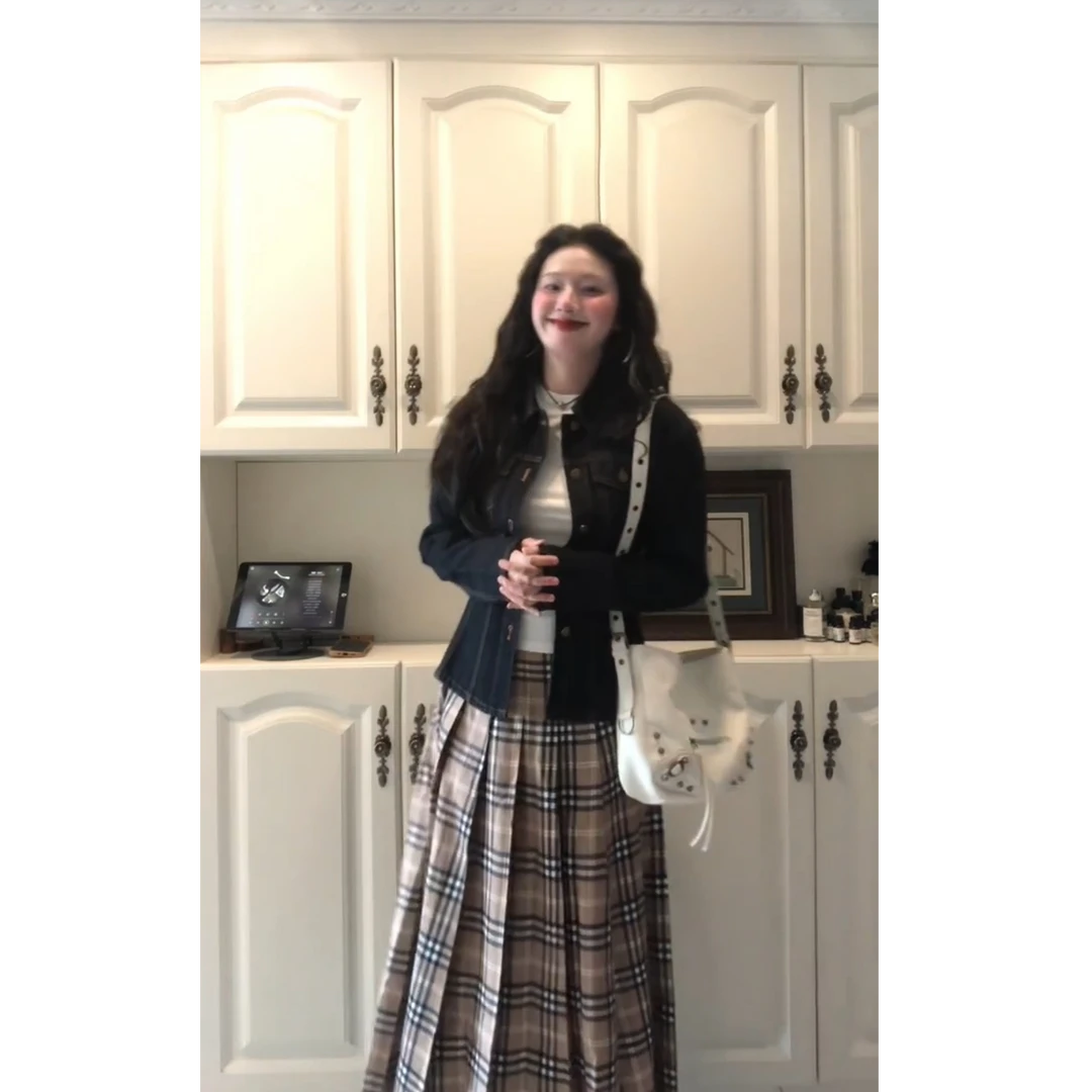 【易梦玲同款】百褶格子半身裙美式藏青牛仔外套打底上衣套装X11184