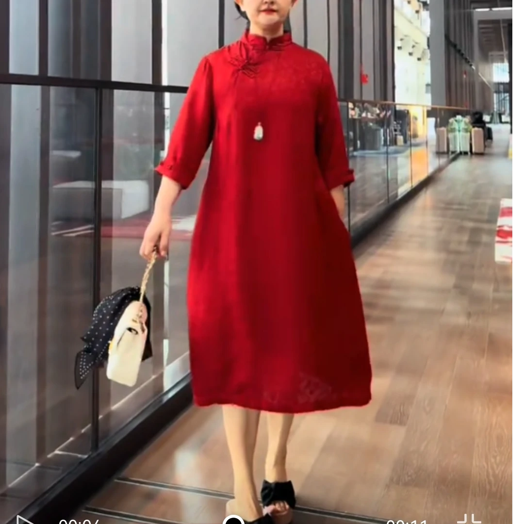 《鸿运：可定制》四经绞萝香云纱100桑蚕丝28姆米设计师款旗袍连衣裙