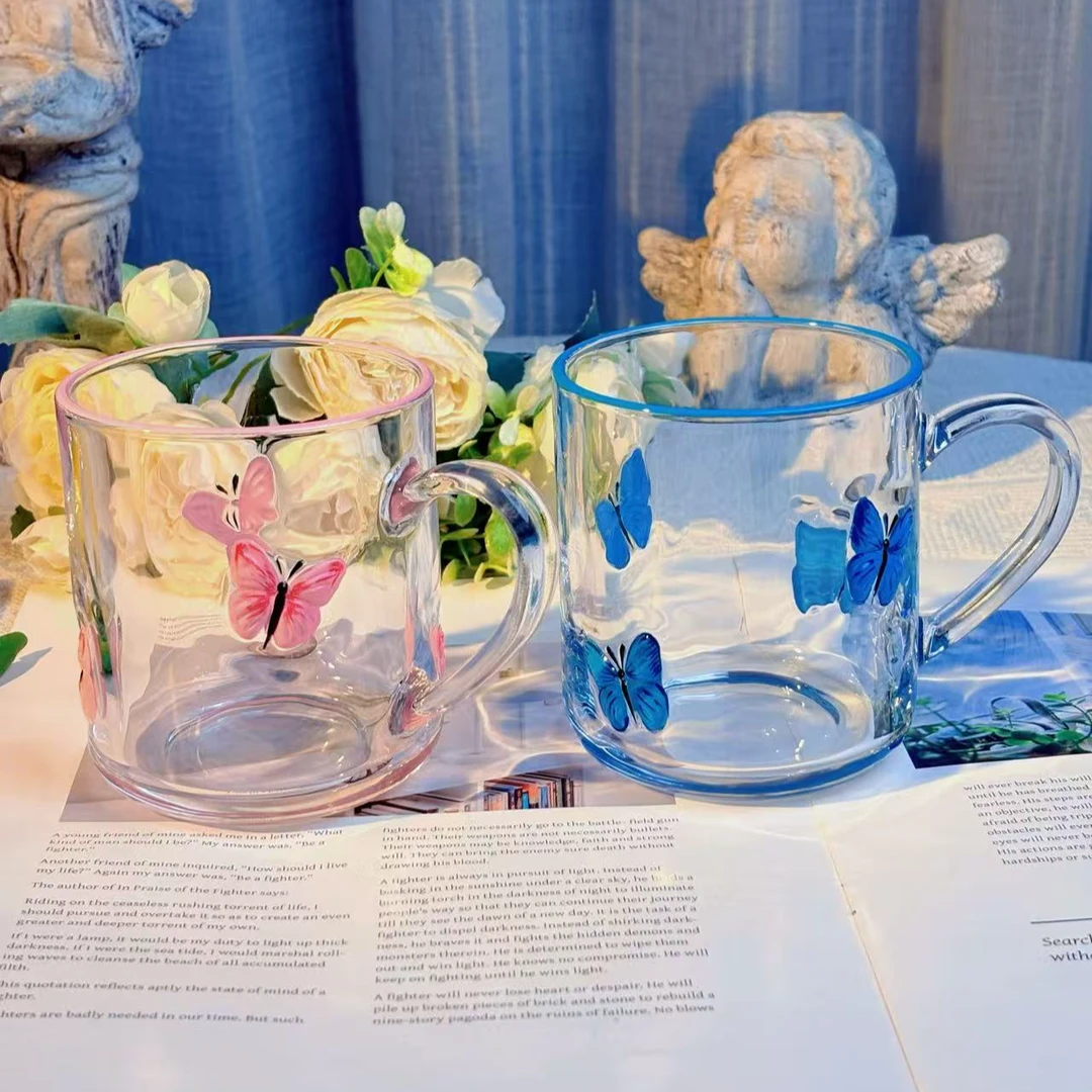 惊喜家轻奢蝴蝶玻璃杯耐高温家用泡茶杯咖啡杯高级感高颜值杯子