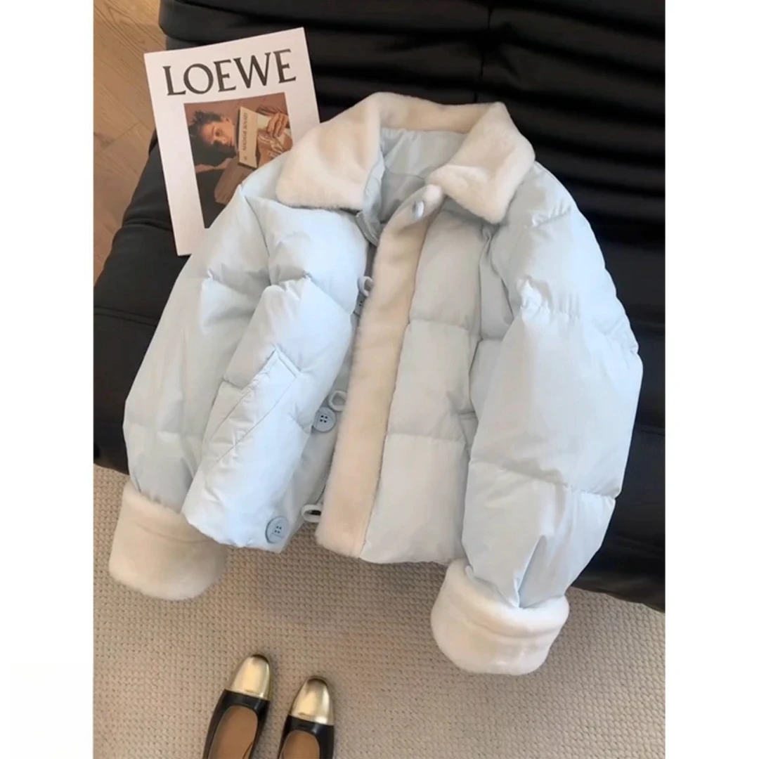 蓝色拼接甜美减龄翻领棉服女冬新款小个子短款保暖外套