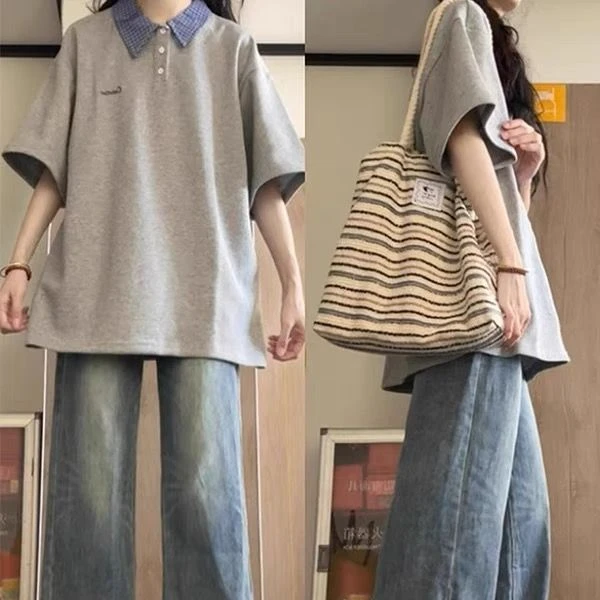 美式复古拼接polo领短袖t恤女夏季宽松oversize显瘦休闲百搭上衣