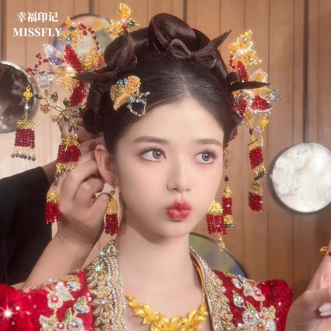 金红绿色秀禾新娘头饰新中式水凝胶花朵旗袍晨袍减龄发饰套装高级