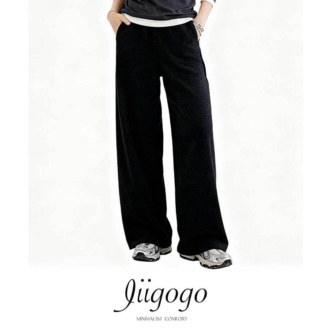 iiigogo 秋冬棉羊毛加厚阔腿直筒裤女士弯刀长裤卫衣裤女