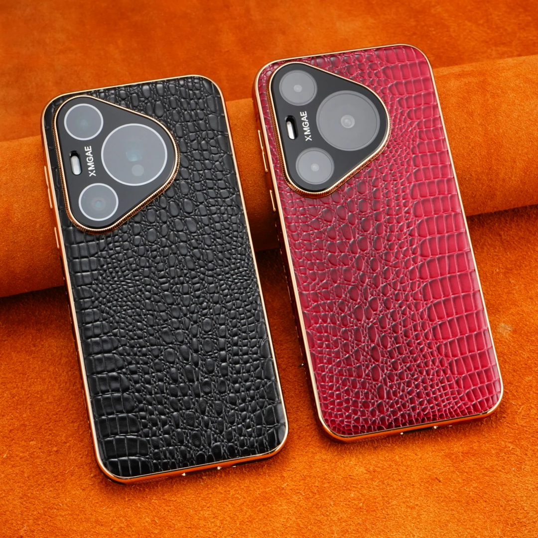 适用华为Pura70Pro+电镀鳄鱼纹真皮手机壳高档Pura70镜头全包防摔