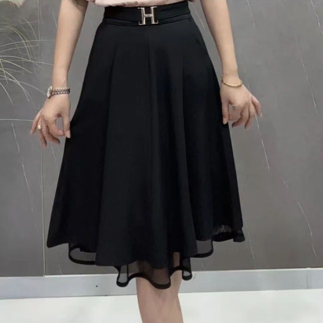 夏季新款松紧腰A型高腰半身裙气质黑色裙女装夏季百搭显瘦款