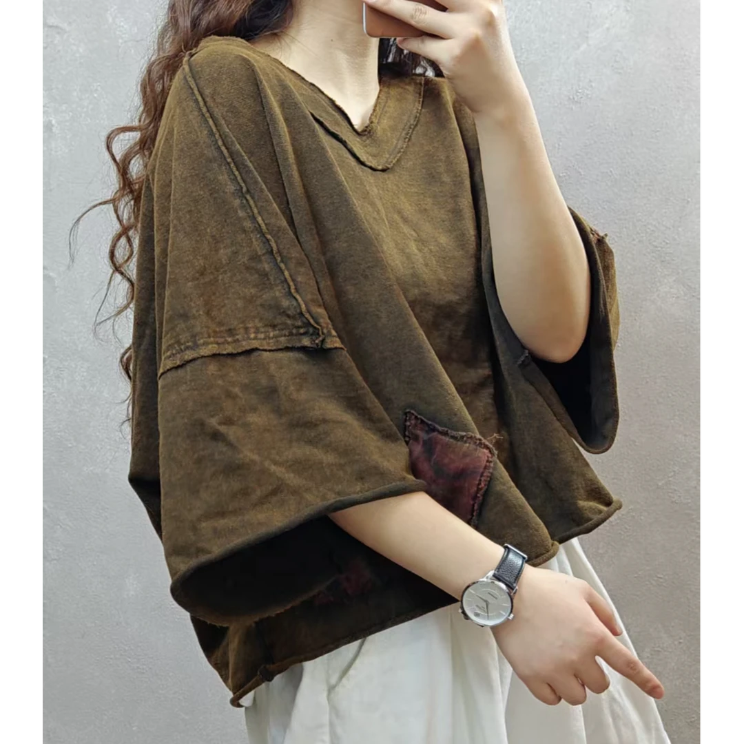 新款贴布V领大版做旧炒色T恤