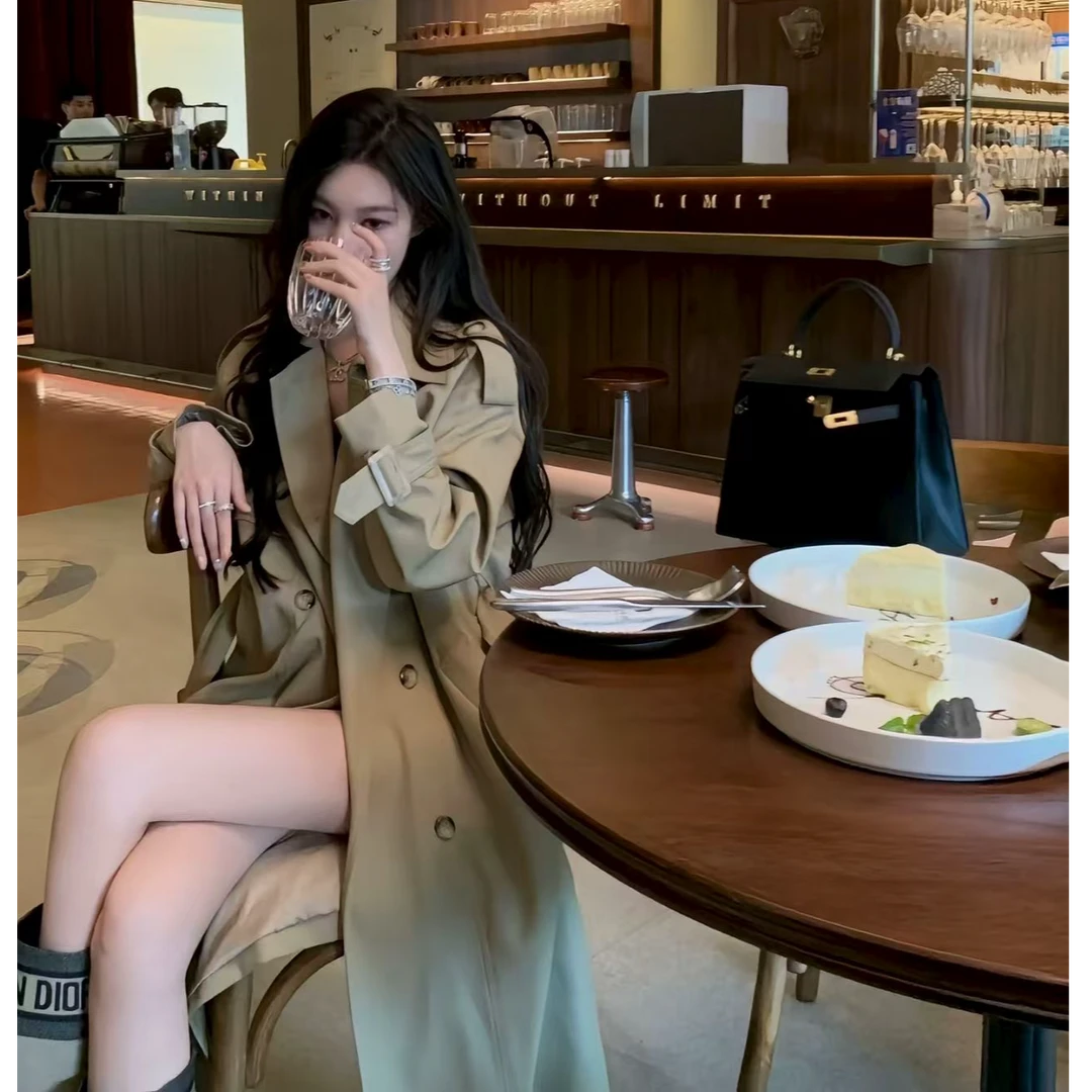 车迟恩同款车氏王炸风衣外套女春秋中长款过膝翻领卡其色大衣宽松