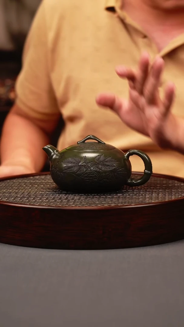 茶壶紫砂绿泥 竹节扁西施 刻绘