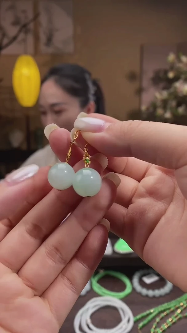 吊坠(不含链)18K金镶嵌翡翠珠子耳钩