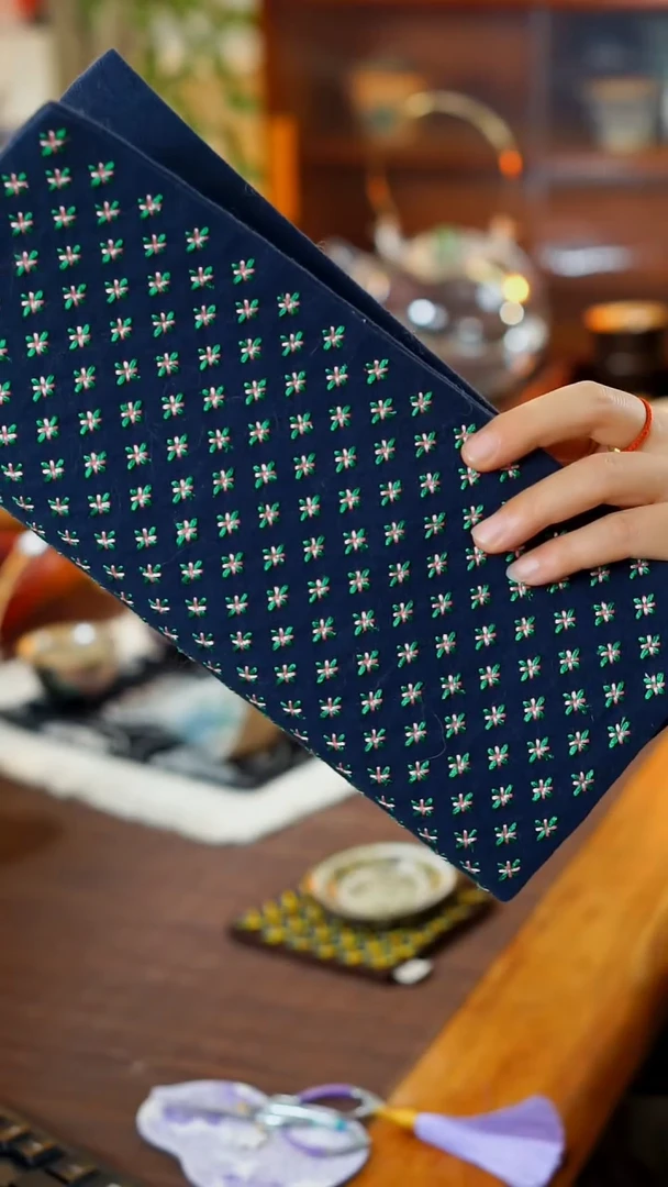 绿色刺子绣茶席毫升蓝色