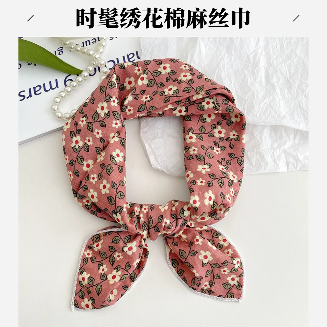 女棉麻方巾薄款不掉色甜美成人花纹条纹丝巾洋气ins波点气质丝巾