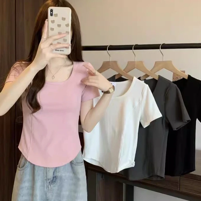 2025夏季新款胖MM大码短款设计感短袖正肩T恤修身显瘦纯色上衣