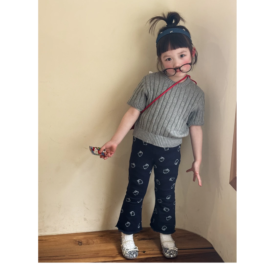 《现货》女童2025年春夏季新款复古麻花针织短袖kt猫喇叭裤套装