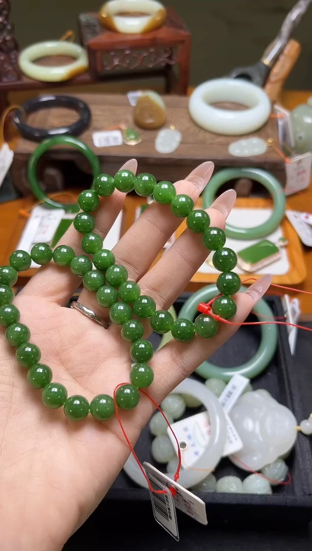 未镶嵌手串和田玉卡10俄料碧玉 圆珠 多样性发一
