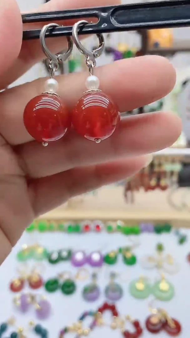 银S925镶嵌南红玛瑙耳饰194