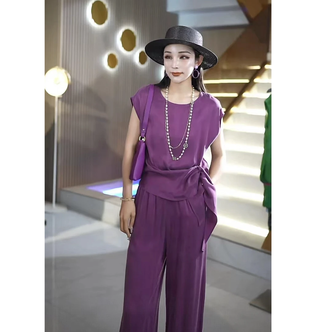 高定夏季新款铜氨丝遮肚子短袖上衣裤子女士两件套装yf79805TZ-2