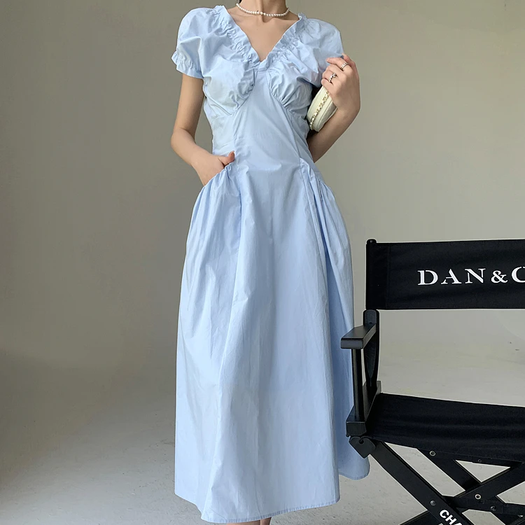 2024新款法式V领泡泡袖连衣裙女夏季高级感收腰小众a字长裙964