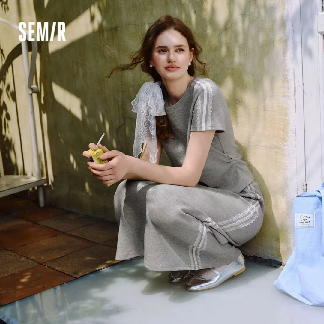 森马套装女小心机短上衣高腰半身裙2025新款夏拼接蕾丝两件套显瘦