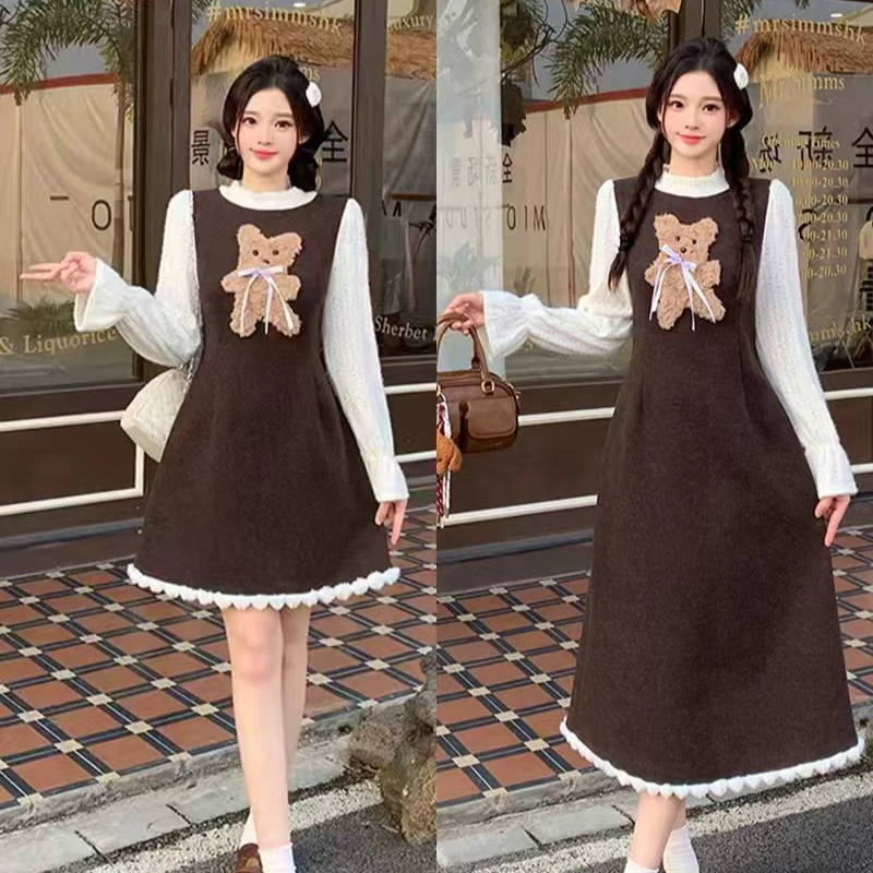 大码女韩系甜美假两件卡通小熊长短款连衣裙23455长款+23477短款