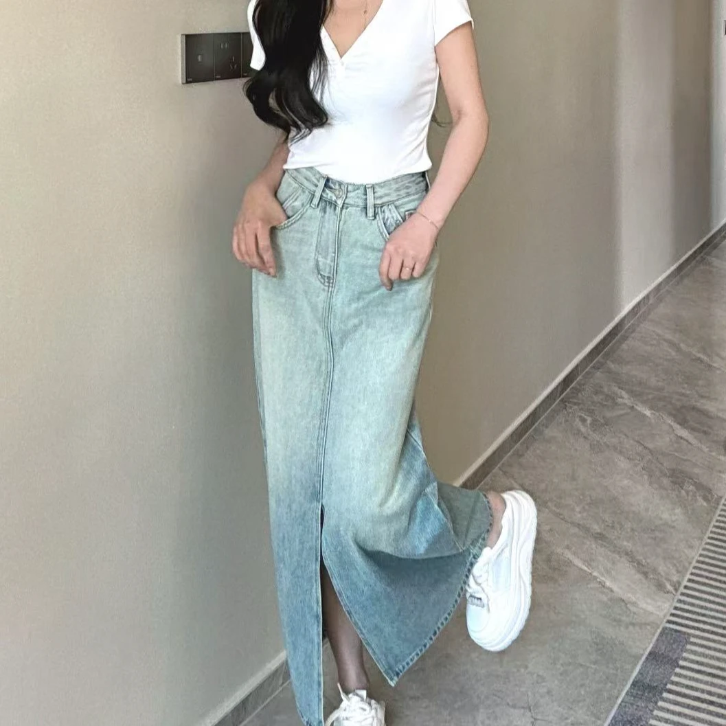 福利10.4号夏款渐变前开叉牛仔半裙 （现货） 时尚休闲高腰夏季开叉