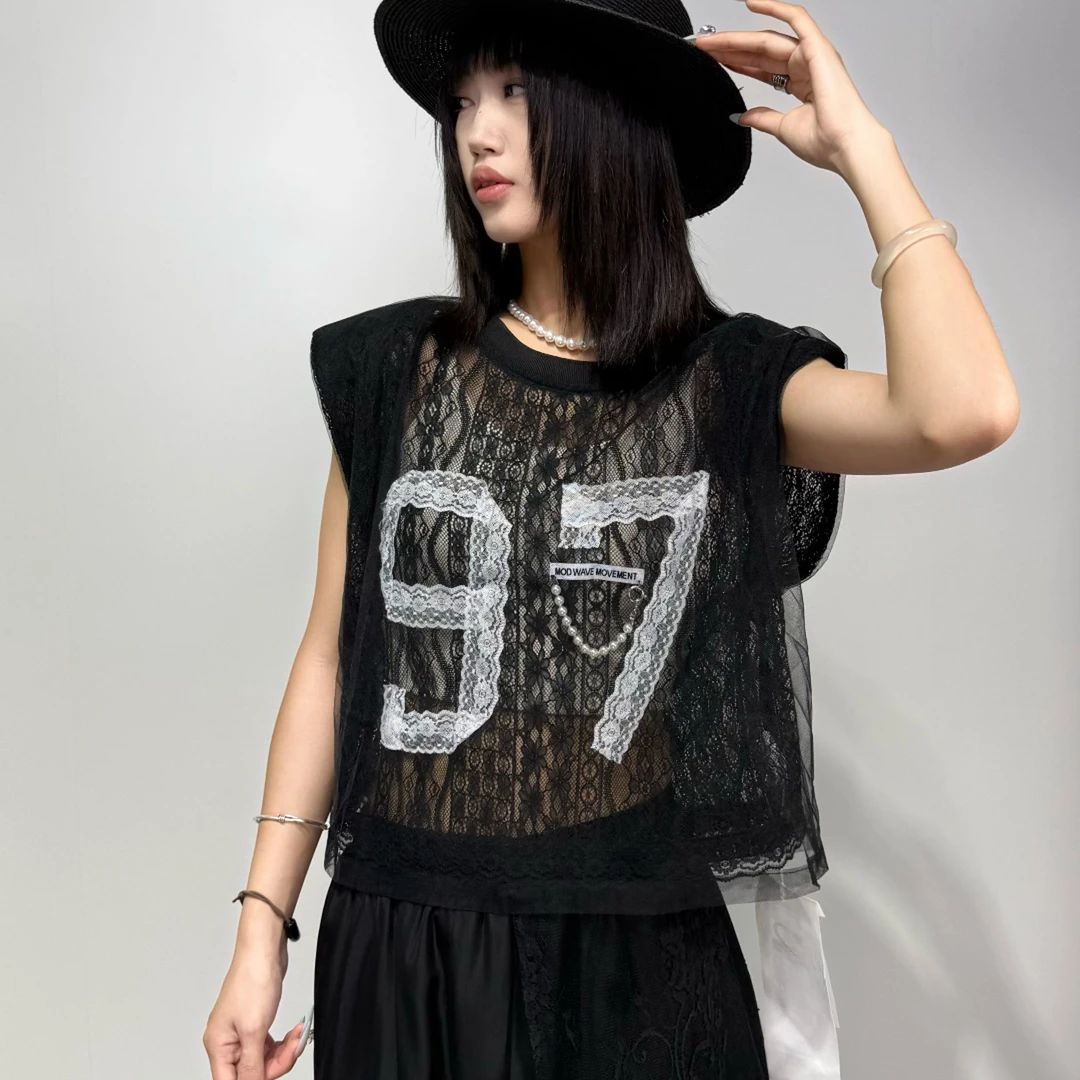 85021#欧洲站夏季新款欧货字母时尚圆领蕾丝拼接显瘦百搭无袖T恤