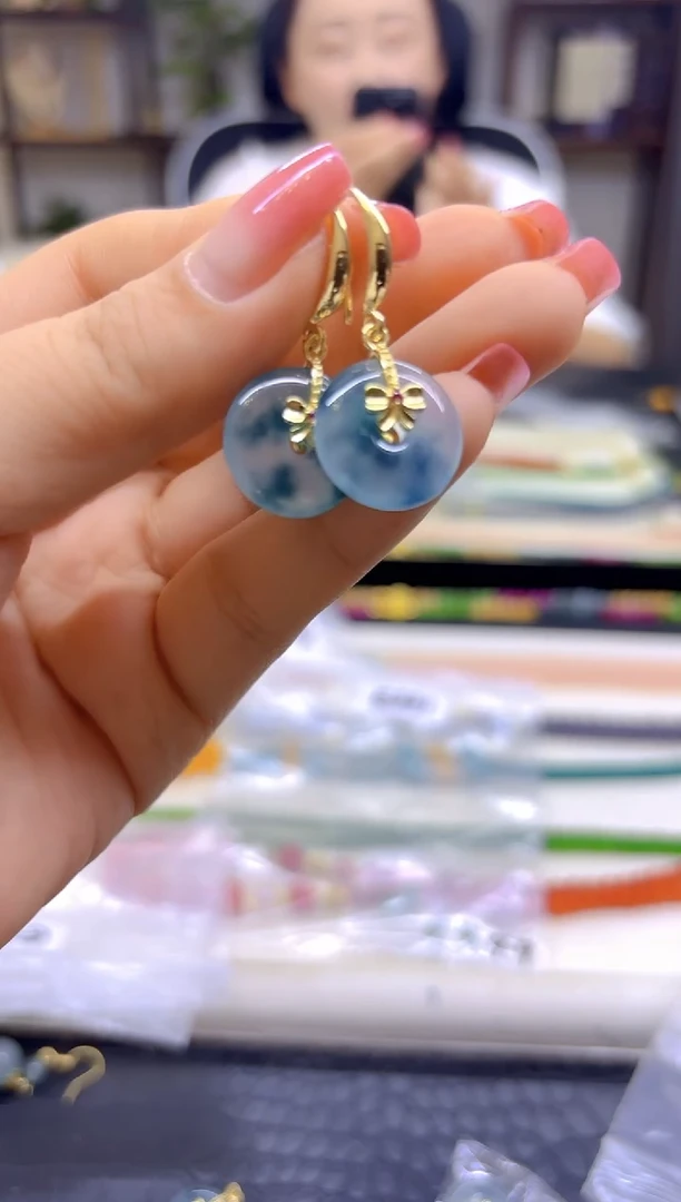 14K金镶嵌翡翠耳饰DIY款E748
