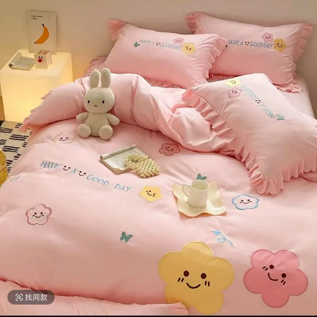 2025新款韩版花花刺绣公主风床裙四件套