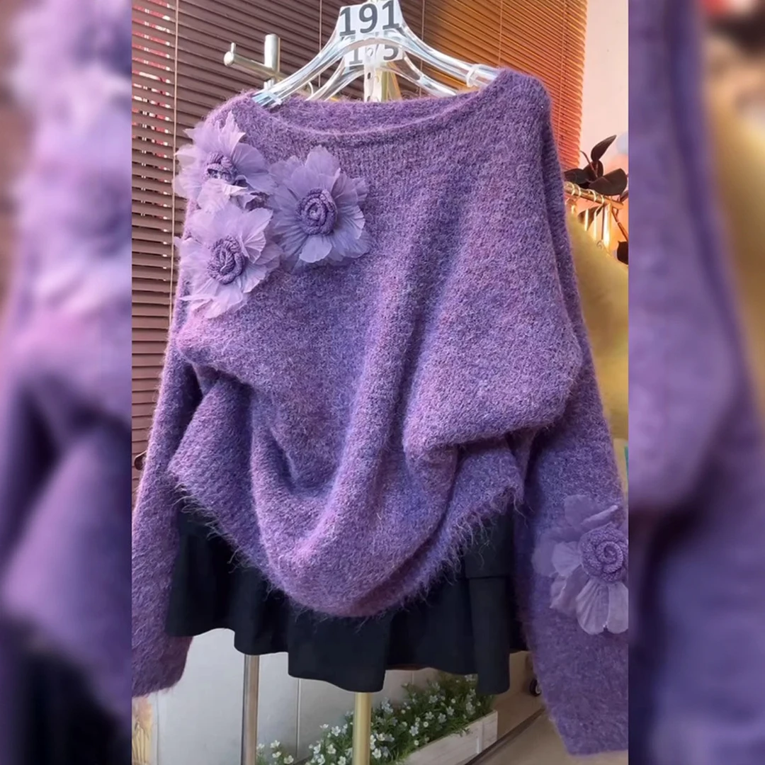 超好看高级设计感洋气花朵毛衣2025秋冬新款韩系慵懒风针织衫上衣