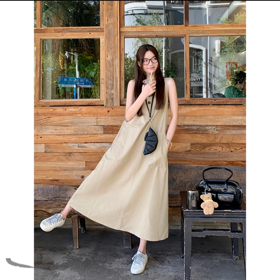 夏季卡其色背心连衣裙女慵懒显瘦气质宽松连衣裙工装裙